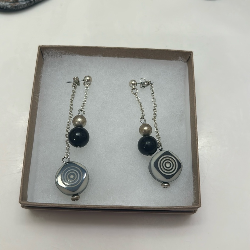 Black, white and silver, front and back embellished, dangle earrings on post